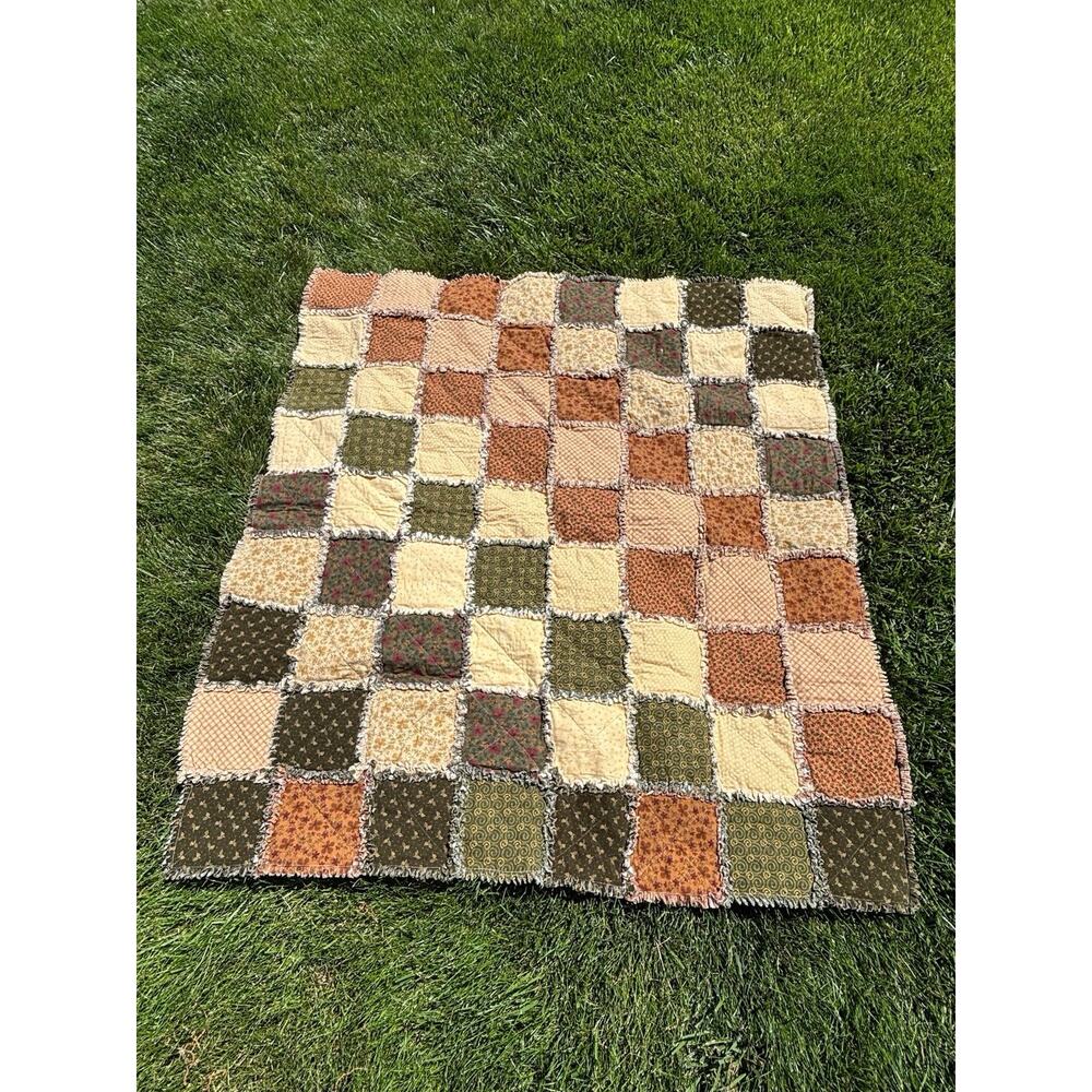 Handmade Rag Quilt Throw 55x65 Primitive Cottagecore Patchwork Granny Style